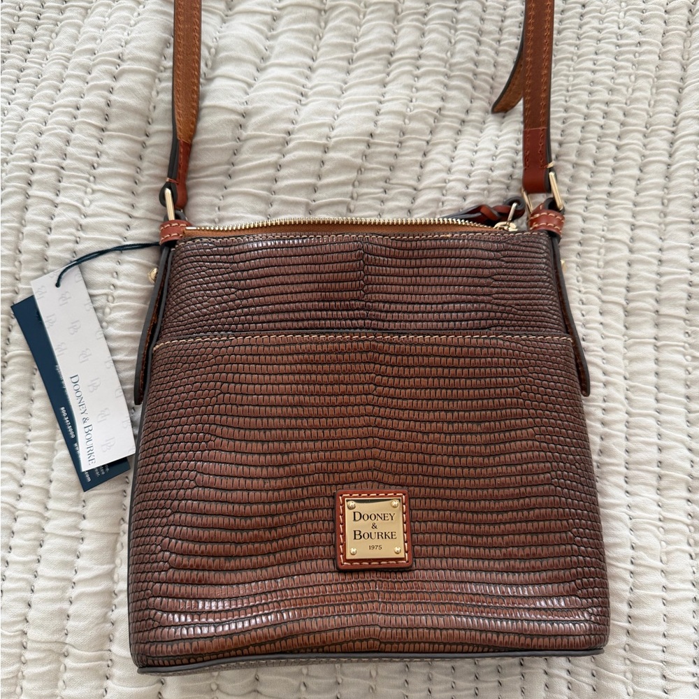 Dooney & Bourke Brown Lizard-Embossed Crossbody with Tan Strap
